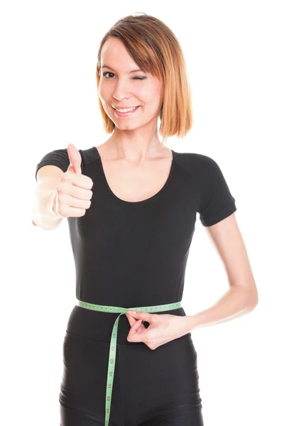 Pretty woman shows her weight loss wearing measure tapes isolate — Stock Photo, Image