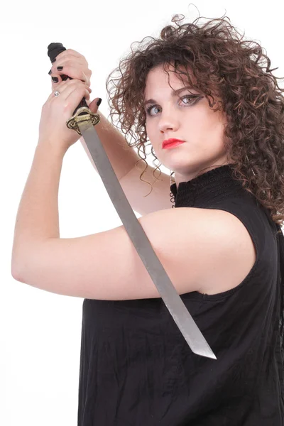 Portrait curly woman curly girl and sword — Stock Photo, Image