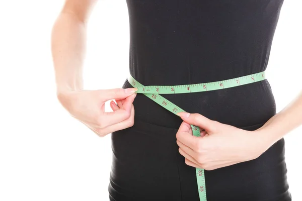 Pretty woman shows her weight loss wearing measure tapes isolate — Stock Photo, Image