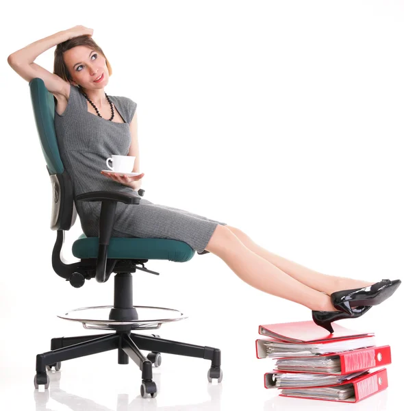 Woman work stoppage Overworked businesswoman plenty of documents — Stock Photo, Image