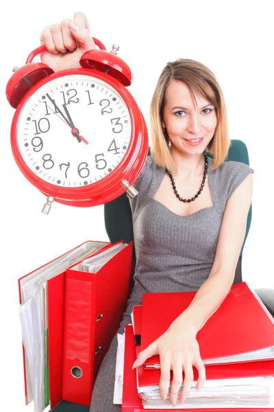 Woman work stoppage Overworked businesswoman plenty of documents Stock Picture