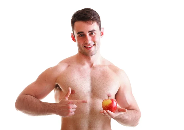 Junger Mann mit frischem roten Apfel isoliert — Stockfoto