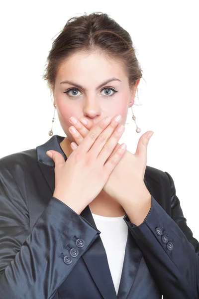 Portrait of excited business woman covering her mouth by the han — Stock Photo, Image