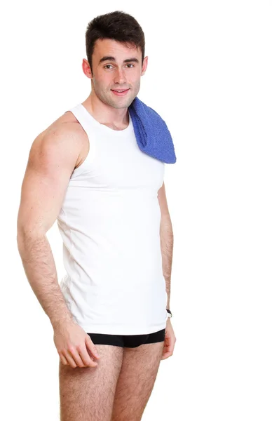 Healthy happy young man with towel isolated — Stock Photo, Image