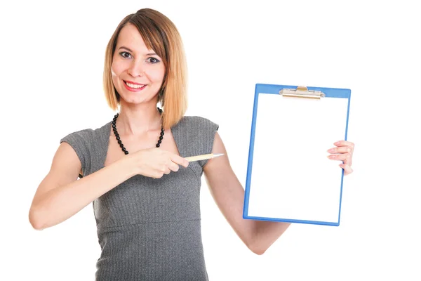 Young business woman standing with her clipboard isolated — Stock Photo, Image