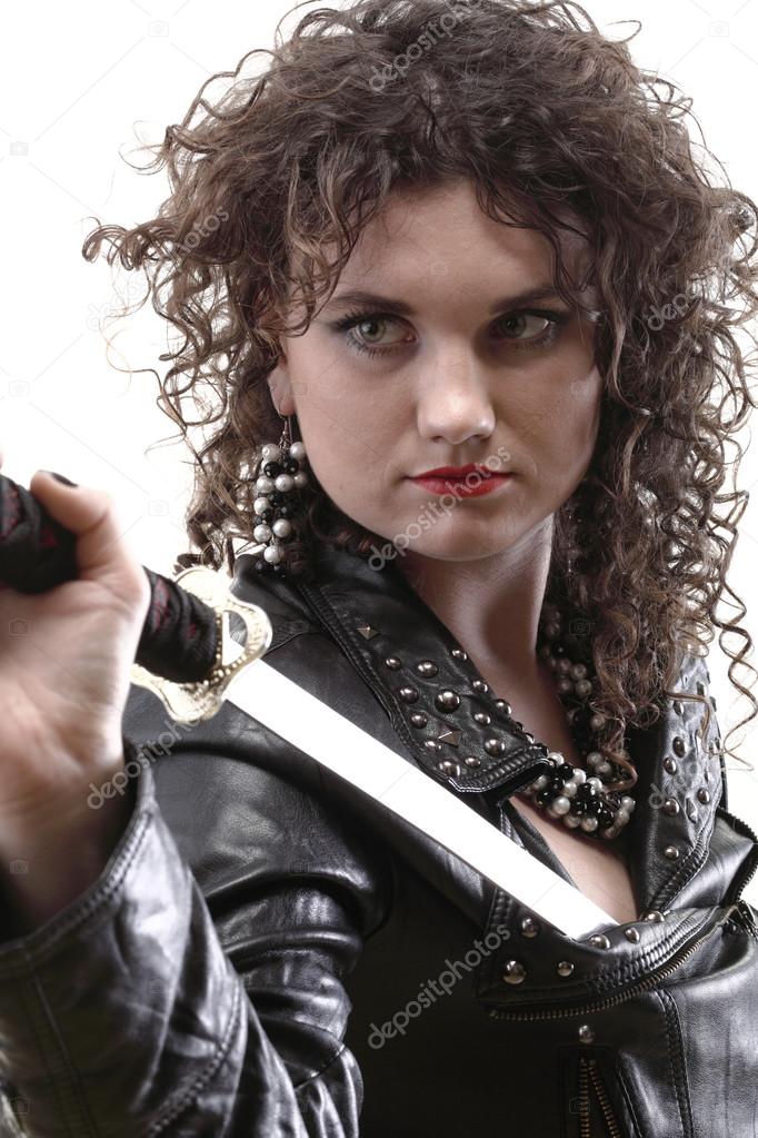 curly woman curly girl and sword