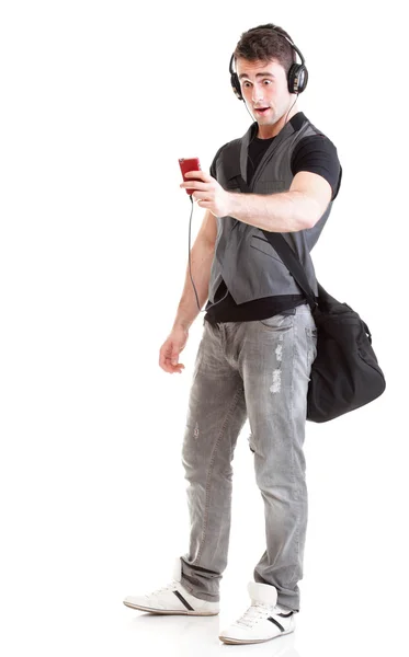 Full length portrait school boy phone isolated — Stock Photo, Image