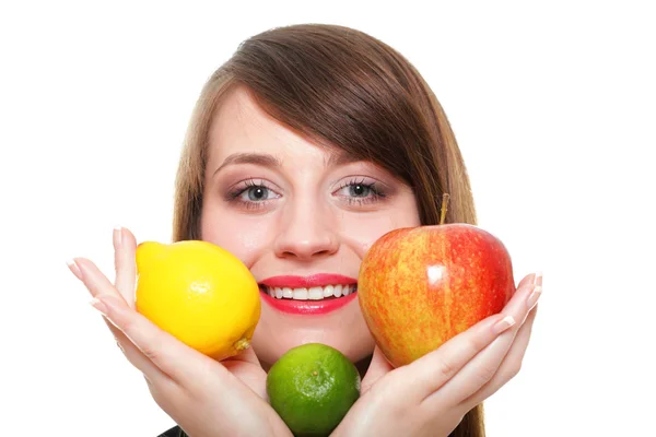 Young smiling woman with fruits and vegetables white background — Stock Photo, Image