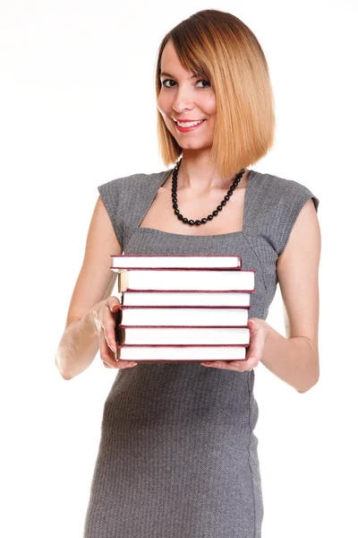 Mooie jonge vrouw met rode boeken geïsoleerd — Stockfoto