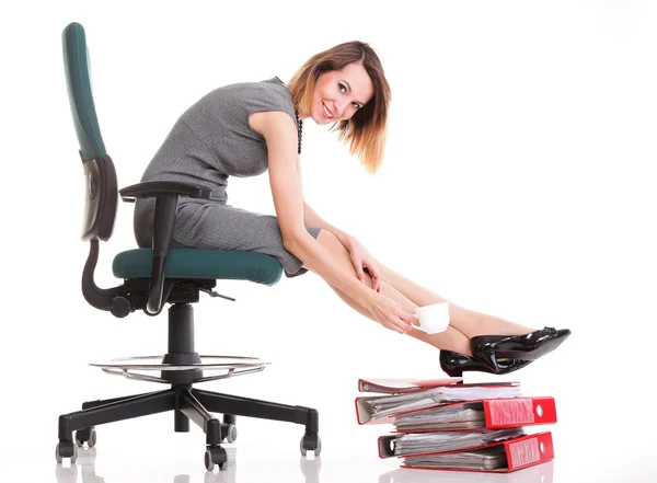 Woman work stoppage businesswoman relaxing legs up plenty of doc — Stock Photo, Image