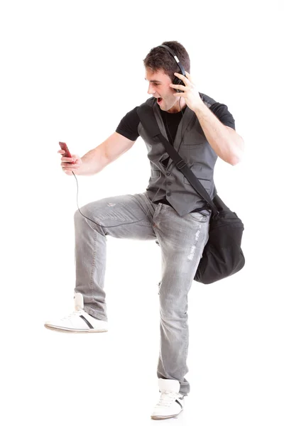 Full length portrait school boy phone isolated — Stock Photo, Image