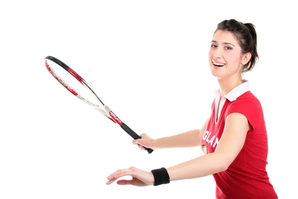 Foto studio isolato da una giovane donna con racchetta da tennis — Foto Stock