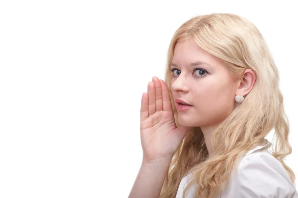 Woman eavesdropping with hand behind her ear — Stock Photo, Image