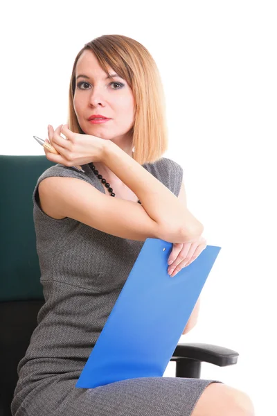 Young business woman sitting with her clipboard isolated — Stock Photo, Image