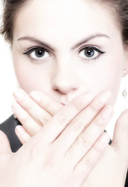 Portrait of excited business woman covering her mouth — Stock Photo, Image