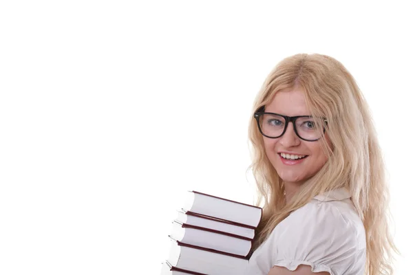 Mulher bonita com livros fundo branco — Fotografia de Stock