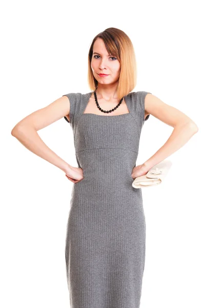 Beautiful stylish woman in elegant grey dress — Stock Photo, Image