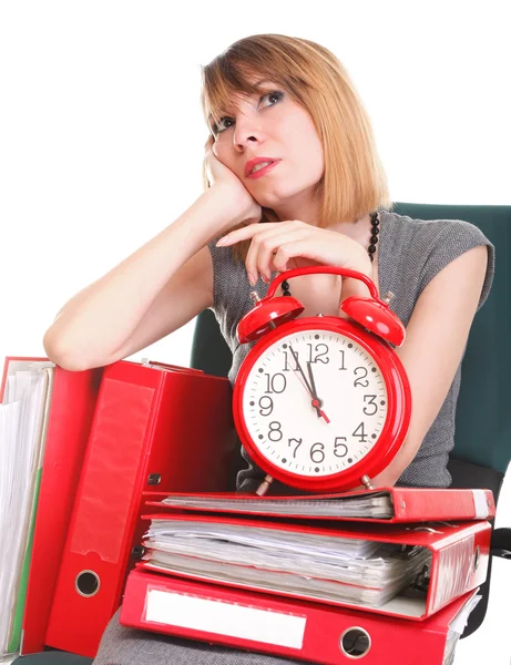 Woman work stoppage Overworked businesswoman plenty of documents — Stock Photo, Image