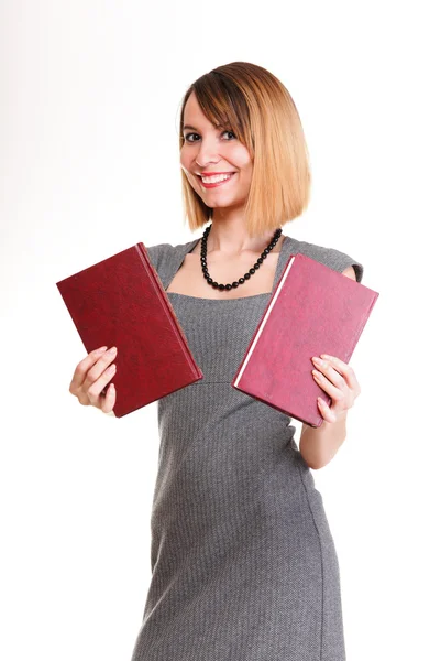 Hermosa joven con libros rojos aislados — Foto de Stock