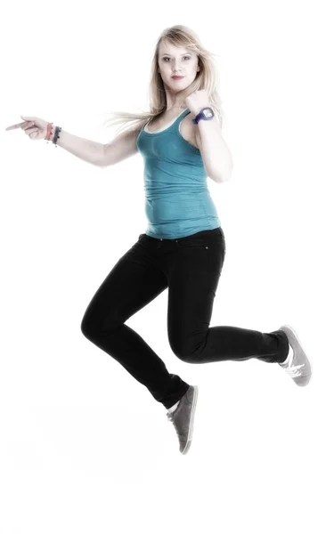 Young female Happy woman jumping with arms up isolated — Stock Photo, Image