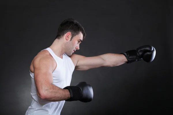 Portrait sportsman boxer in studio dark background — Stock Photo, Image