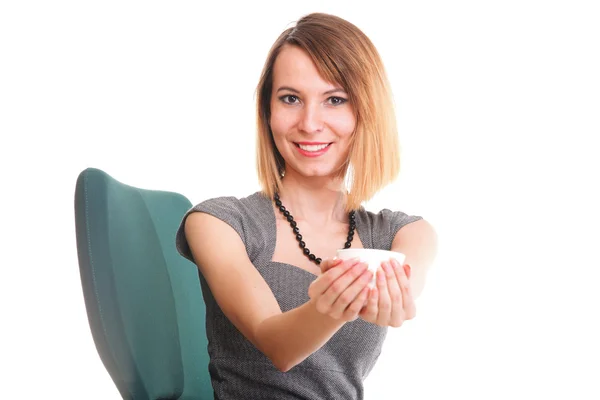 Happy excited young businesswoman, relaxing in office chair — Stock Photo, Image