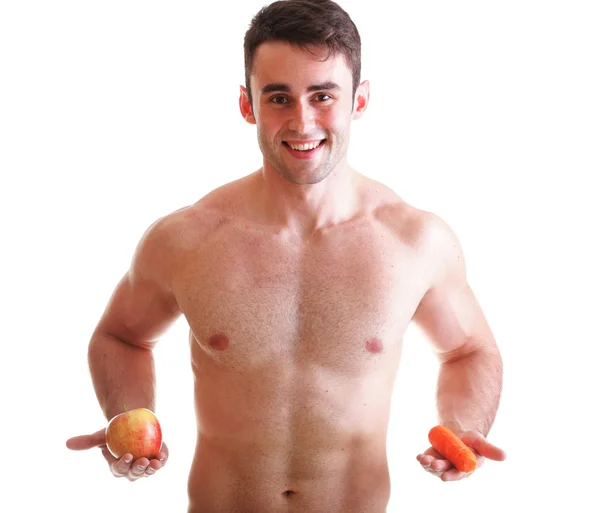 Apple carrot diet, man great body Isolated — Stock Photo, Image