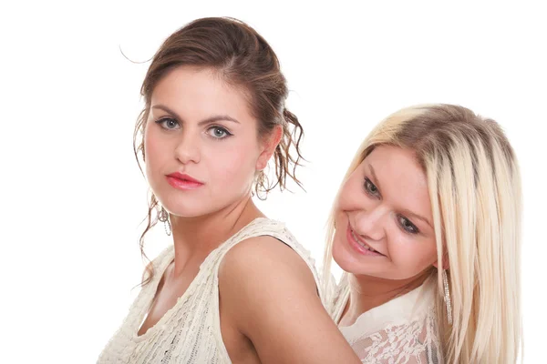 Smiling girls shopping isolated white Stock Photo