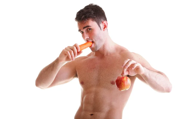 Apple carrot diet, man great body Isolated — Stock Photo, Image
