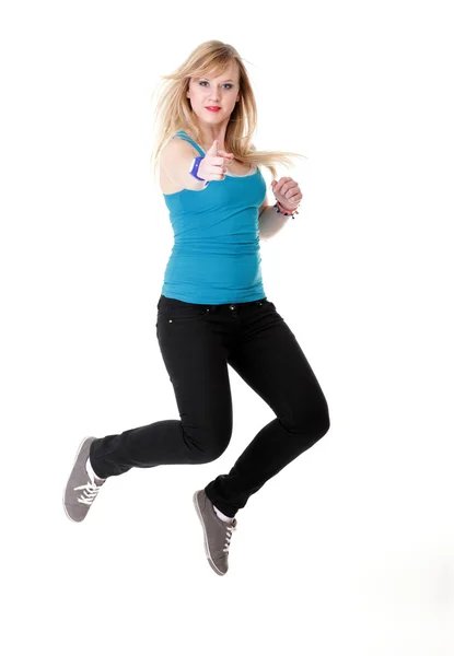 Young female Happy woman jumping with arms up isolated — Stock Photo, Image