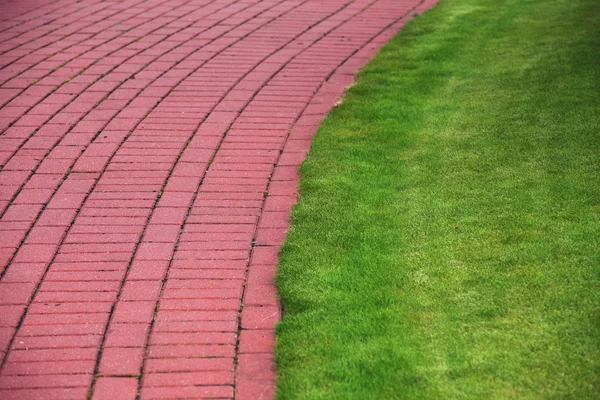 Sten trädgårdsgång med gräs, tegel trottoaren — Stockfoto