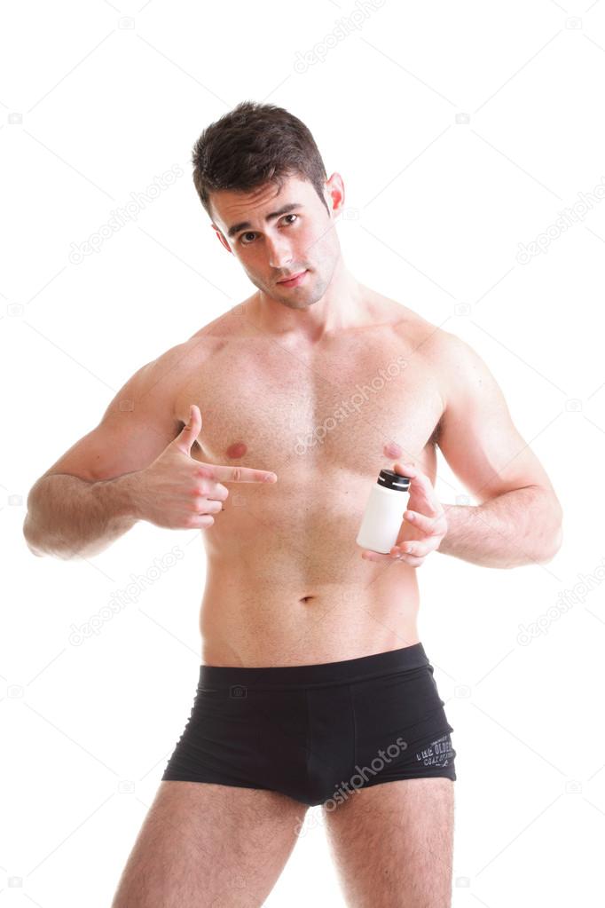 holding a boxes with supplements on his biceps
