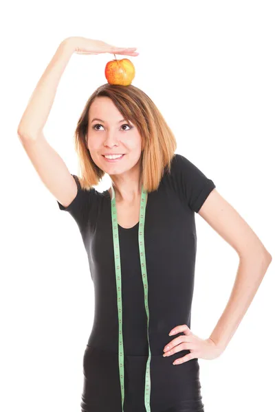 Mooie vrouw toont haar verlies van het gewicht dragen van maatregel tapes isoleren — Stockfoto