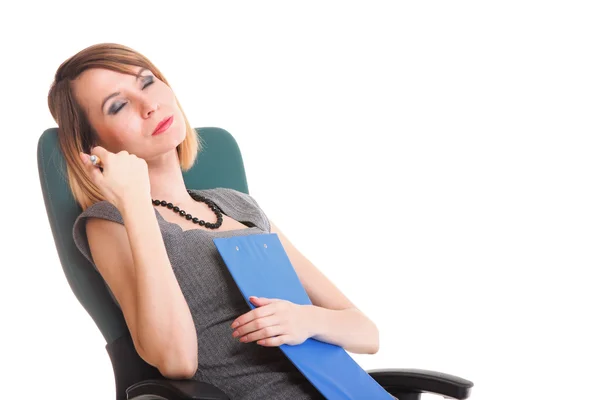 Young business woman sitting with her clipboard isolated Royalty Free Stock Images