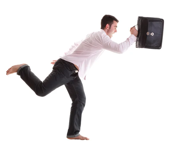 Empresário correndo com uma pasta isolada — Fotografia de Stock