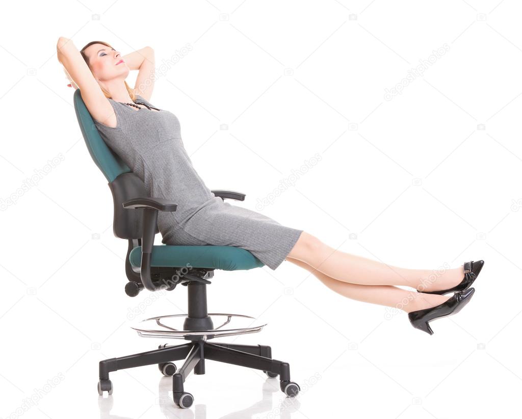 Happy excited young businesswoman, relaxing in office chair, rel