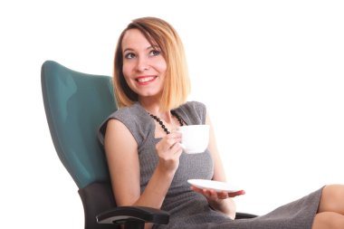 mutlu heyecanlı genç işkadını, ofis sandalye rahatlatıcı