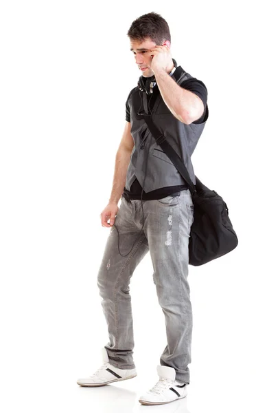 Full length portrait school boy talking phone — Stock Photo, Image