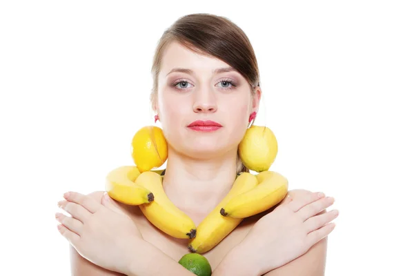 Healthy lifestyle - Young woman with fruits isolated — Stock Photo, Image