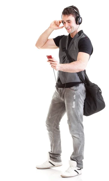 Full length portrait school boy phone isolated — Stock Photo, Image