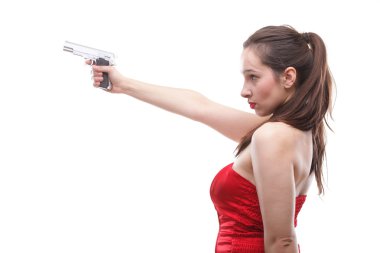 seksi genç kadın - silah üzerinde beyaz izole