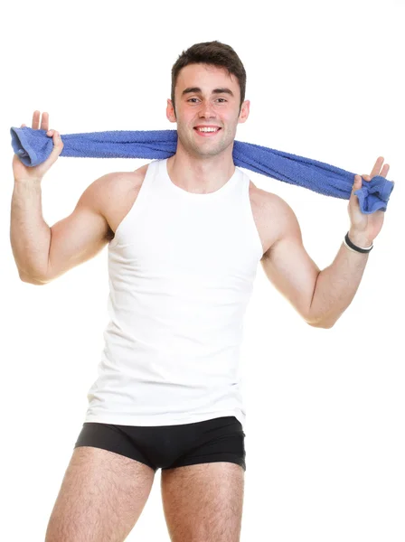 Healthy happy young man with towel isolated — Stock Photo, Image