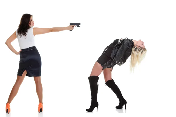 Woman with pistol pointing on her head isolated on white — Stock Photo, Image