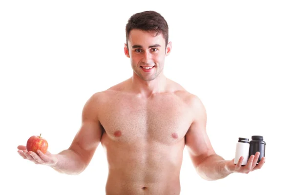 Witaminy lub tabletki przeciągnij tabletki pola suplementy mężczyzna na białym tle — Zdjęcie stockowe