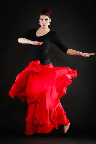 Dance. Spanish girl in red skirt dancing flamenco — Stock Photo, Image