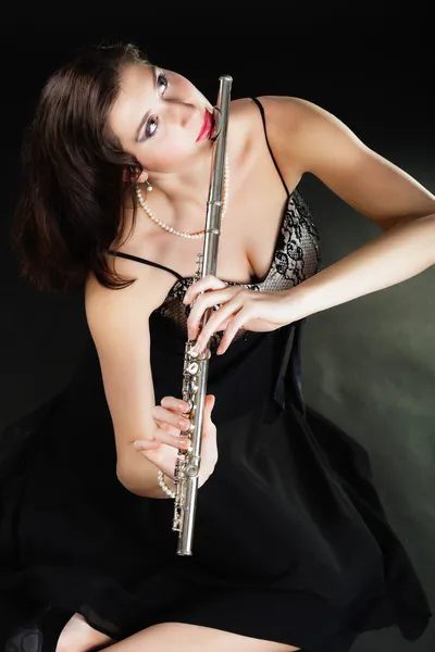Art. Woman flutist flautist playing flute. Music. — Stock Photo, Image