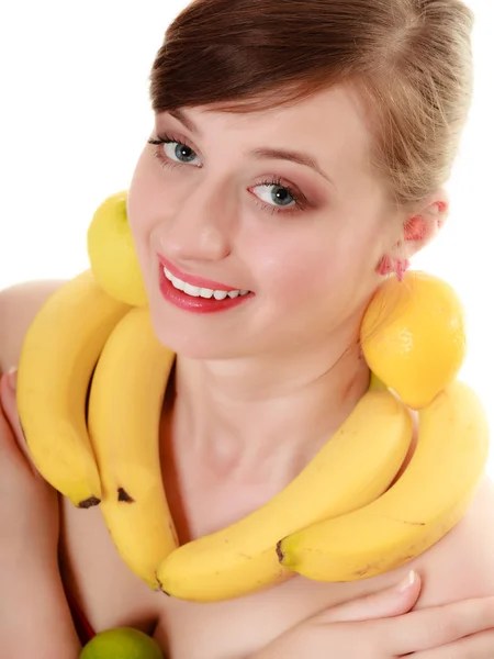 Diet. Girl with fruit necklace and earrings — Stock Photo, Image