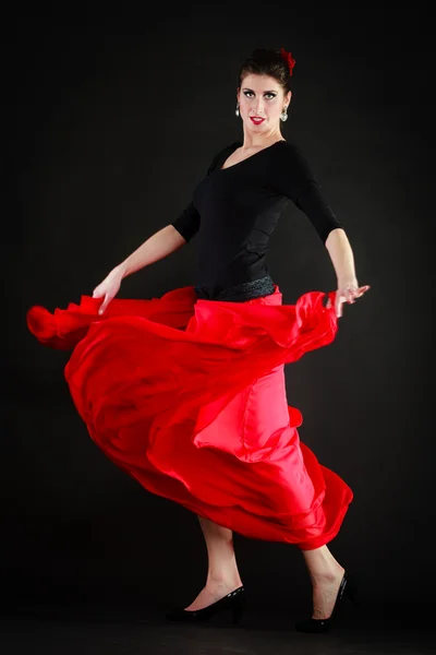 Dance. Spanish girl in red skirt dancing flamenco — Stock Photo, Image