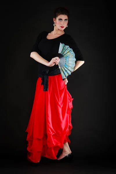 Dance. Spanish girl with fan dancing flamenco — Stock Photo, Image