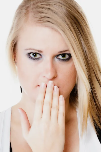 Surprised afraid girl covering mouth with hand — Stock Photo, Image